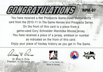 2010-11 In The Game Heroes and Prospects - Net Prospects Jerseys Black #NPM07 Cory Schneider  Back