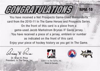 2010-11 In The Game Heroes and Prospects - Net Prospects Jerseys Black #NPM10 Jacob Markstrom  Back