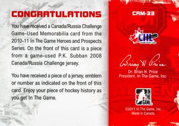 2010-11 In The Game Heroes and Prospects - Subway Series Emblems Black #CRM33 P.K. Subban  Back