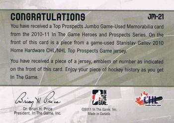 2010-11 In The Game Heroes and Prospects - Top Prospects Game Used Jerseys Black #JM21 Stanislav Galiev  Back