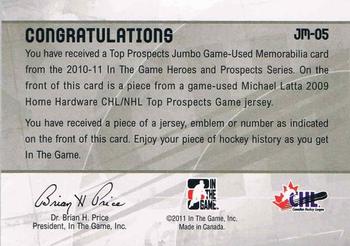 2010-11 In The Game Heroes and Prospects - Top Prospects Game Used Jerseys Silver #JM05 Michael Latta  Back
