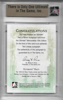 2010-11 In The Game Ultimate Memorabilia - Hall of Famer Autographs #20 Ted Lindsay  Back