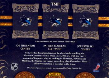 2010-11 Panini Crown Royale - Royal Lineage Materials Prime #TMP Joe Thornton / Patrick Marleau / Joe Pavelski  Back