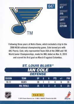 2010-11 Score - Rookies & Traded Gold #647 Ian Cole  Back