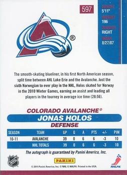 2010-11 Score - Signatures #597 Jonas Holos  Back