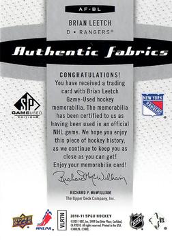 2010-11 SP Game Used - Authentic Fabrics #AF-BL Brian Leetch  Back