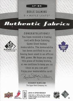 2010-11 SP Game Used - Authentic Fabrics #AF-BS Borje Salming  Back