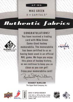 2010-11 SP Game Used - Authentic Fabrics #AF-MG Mike Green  Back