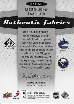 2010-11 SP Game Used - Authentic Fabrics Dual #AF2-LM Roberto Luongo / Ryan Miller  Back
