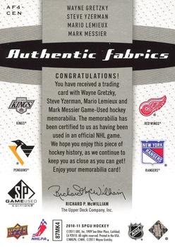 2010-11 SP Game Used - Authentic Fabrics Quads #AF4-CEN Steve Yzerman / Mario Lemieux / Mark Messier / Wayne Gretzky  Back