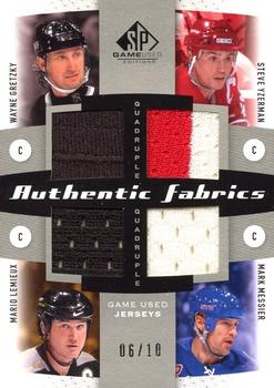 2010-11 SP Game Used - Authentic Fabrics Quads #AF4-CEN Steve Yzerman / Mario Lemieux / Mark Messier / Wayne Gretzky  Front