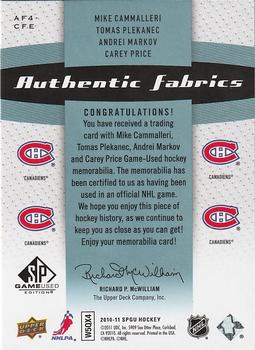 2010-11 SP Game Used - Authentic Fabrics Quads Patches #AF4-CFE Carey Price / Tomas Plekanec / Andrei Markov / Mike Cammalleri  Back