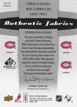 2010-11 SP Game Used - Authentic Fabrics Triples #AF3-MON Carey Price / Tomas Plekanec / Mike Cammalleri  Back