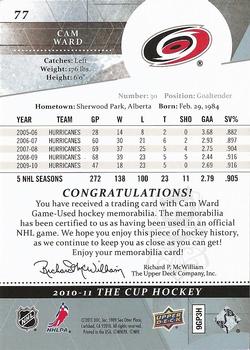 2010-11 Upper Deck The Cup - Silver Jerseys #77 Cam Ward  Back