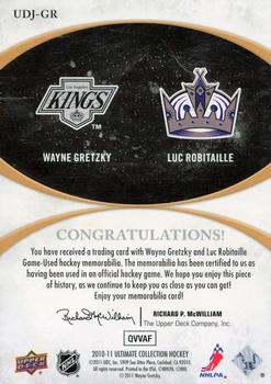 2010-11 Upper Deck Ultimate Collection - Ultimate Duos Jerseys #UDJ-GR Wayne Gretzky / Luc Robitaille  Back