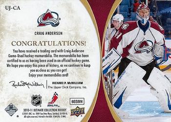 2010-11 Upper Deck Ultimate Collection - Ultimate Patches #UJ-CA Craig Anderson  Back