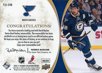 2010-11 Upper Deck Ultimate Collection - Ultimate Patches #UJ-DB David Backes  Back