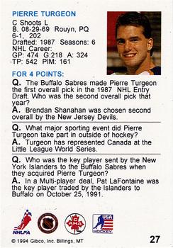 1994 Hockey Wit #27 Pierre Turgeon Back
