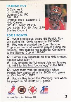 1994 Hockey Wit #3 Patrick Roy Back