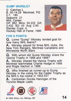 1994 Hockey Wit #14 Gump Worsley Back
