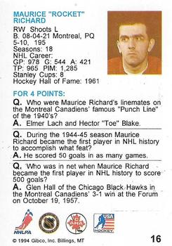 1994 Hockey Wit #16 Maurice Richard Back