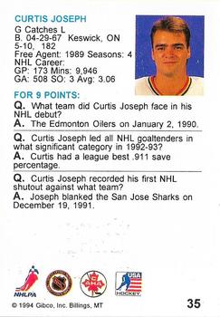 1994 Hockey Wit #35 Curtis Joseph Back