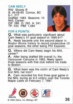 1994 Hockey Wit #36 Cam Neely Back
