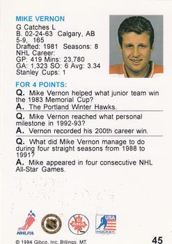 1994 Hockey Wit #45 Mike Vernon Back