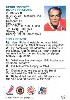 1994 Hockey Wit #52 Henri Richard Back
