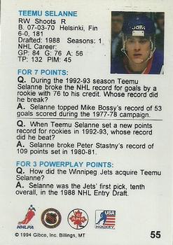 1994 Hockey Wit #55 Teemu Selanne Back