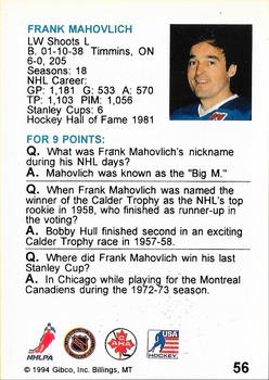1994 Hockey Wit #56 Frank Mahovlich Back