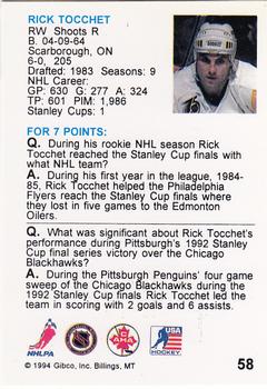 1994 Hockey Wit #58 Rick Tocchet Back