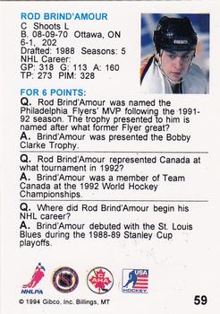 1994 Hockey Wit #59 Rod Brind'Amour Back