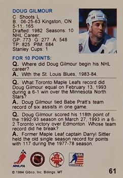 1994 Hockey Wit #61 Doug Gilmour Back