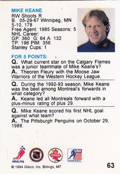 1994 Hockey Wit #63 Mike Keane Back