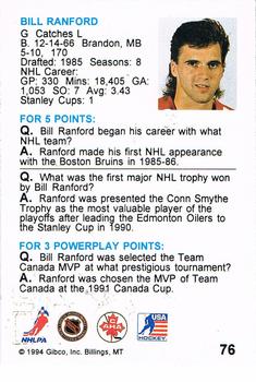 1994 Hockey Wit #76 Bill Ranford Back