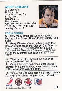 1994 Hockey Wit #81 Gerry Cheevers Back