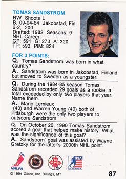 1994 Hockey Wit #87 Tomas Sandstrom Back