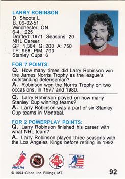 1994 Hockey Wit #92 Larry Robinson Back