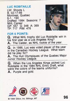 1994 Hockey Wit #96 Luc Robitaille Back