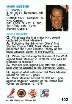 1994 Hockey Wit #102 Mark Messier Back