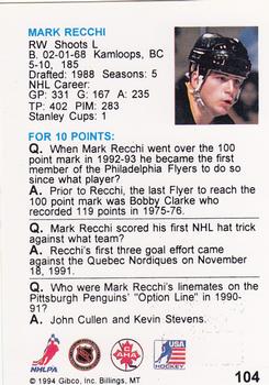 1994 Hockey Wit #104 Mark Recchi Back