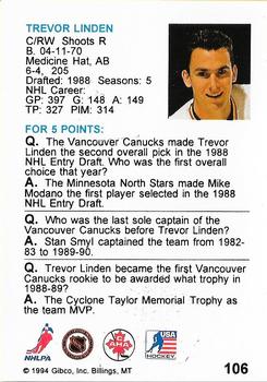 1994 Hockey Wit #106 Trevor Linden Back