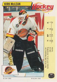 1992-93 Panini Hockey Stickers (French) #27 Kirk McLean  Front