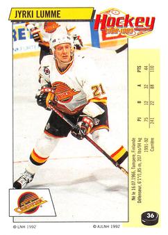1992-93 Panini Hockey Stickers (French) #36 Jyrki Lumme  Front