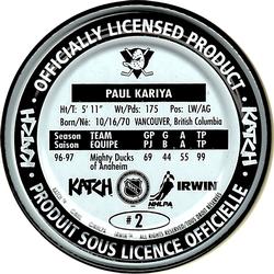 1997-98 Katch/Irwin Medallions #2 Paul Kariya  Back