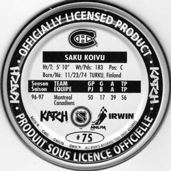 1997-98 Katch/Irwin Medallions #75 Saku Koivu  Back