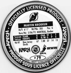 1997-98 Katch/Irwin Medallions #79 Martin Brodeur  Back