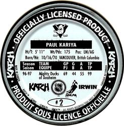 1997-98 Katch/Irwin Medallions - Fabrique Au Canada #2 Paul Kariya  Back