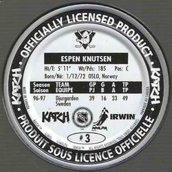 1997-98 Katch/Irwin Medallions - Fabrique Au Canada #3 Espen Knutsen  Back